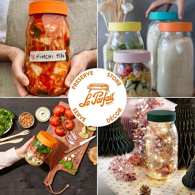 Le Parfait Eco-Friendly Zero Waste Wide Mouth Glass Jar with Airtight Screw Top Lid - Reusable French Storage Jar for Food, Soup, Flour, Sugar, Canning & Baking (3L/96oz, 3 Pack, Gold 2-Piece Lid)