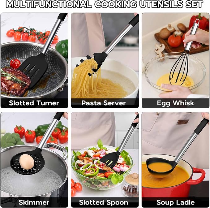 Onader 15 Pcs Silicone Cooking Utensils Set with Holder and Heat Resistant Stainless Steel Handle, with 10 Inch Non-Stick Fluted Tube Pan for Baking Pound Cake, Black