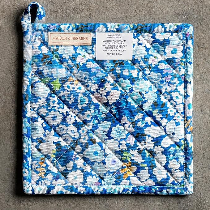 Maison d' Hermine Pot Holders 100% Cotton Heat Resistant Potholders 8" x 8" Hot Pads with Loop BBQ Cooking Baking Gifts for Mothers Day Handling Hot Pans Spring/Summer (Pack of 2, Summer Blues)