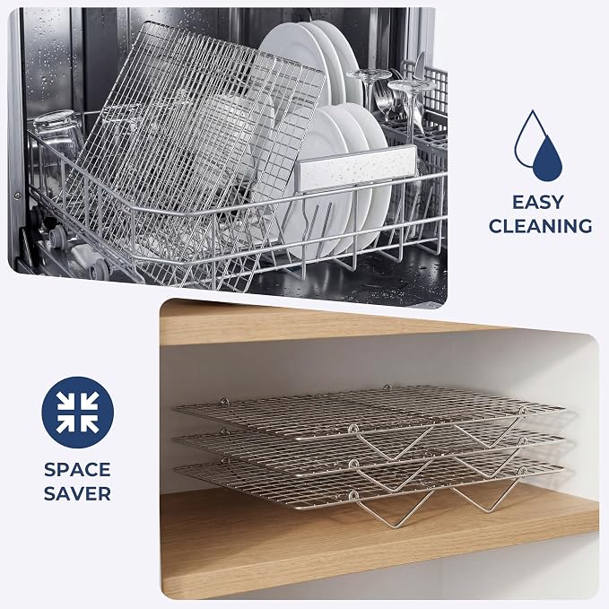 E-far Collapsible Cooling Rack for Cooking and Baking - 15”x10” Stackable Tight-Wire Stainless Steel Cookie Rack for Baking Sheet, Oven, Roasting, Dishwasher Safe & Space Saving, 2-Tier