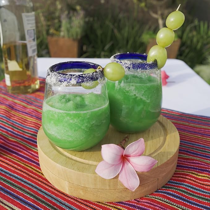 Cobalt Blue Rim Hand Blown Stemless Wine Glasses Set of 6 | 16 oz Mexican Glassware | Hand blown Mexican Drinking Glasses for Wine, Cocktails & Tequila