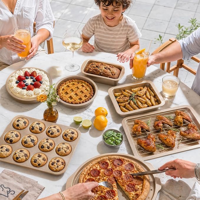HONGBAKE Bakeware Sets, Baking Pans Set, Nonstick Oven Pan for Kitchen with Wider Grips, 10-Piece Including Rack, Cookie Sheet, Cake Pans, Loaf Pan, Muffin Pan, Pizza Pan - Champagne Gold