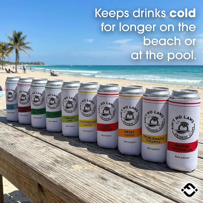 Funky Junque Bachelorette Party Favors Slim Can Cooler, Funny Bridesmaid & Bride Gifts for Girls Trip, Bridal Shower Decorations & Accessories, 12 oz Skinny Can Covers - Ain't No Laws - 15 Pack