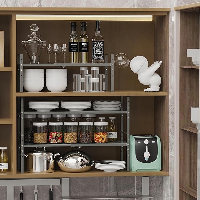 Jojocross Expandable Stackable Spice Rack Cabinet Shelf Organizer in Cabinets Shelves Kitchen Cupboard Organization Stack up Racks Pantry Countertop Storage (Gun-Gray, Large 3 Packs G)