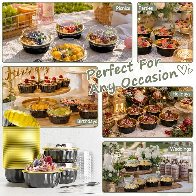 100 Pack 8 OZ Disposable Ramekins with Lids and Spoons Aluminum Foil Cups | Dessert Cups with Lids Disposable Creme Brulee Ramekins Aluminum Foil Muffin Tin Cupcake Baking Cups for Birthday Wedding