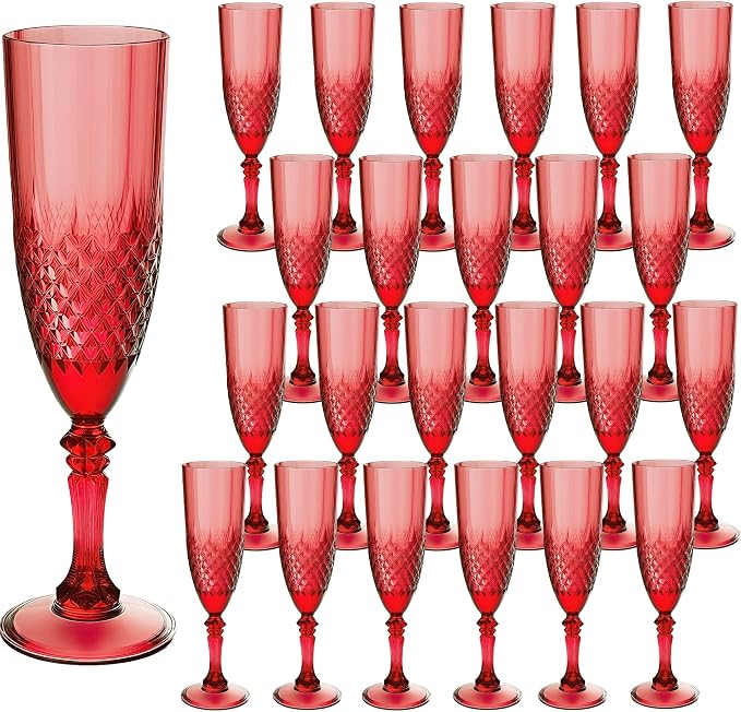 Plastic Champagne Flutes, Champagne Glasses Bulk, Reusable Unbreakable Acrylic Wine Glasses Goblets for Weddings Bachelor Parties Toasting Bridal Shower (24, Dark Red)