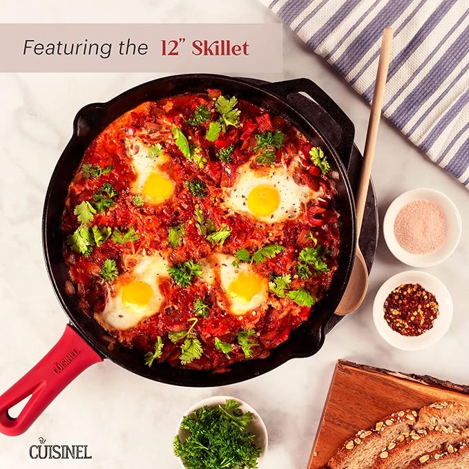 Cuisinel Cast Iron Cookware Set - 6-Pieces Pre-Seasoned Kit: 10"+12" Skillet + Glass Lids + Pizza Pan + Pan Rack Organizer + Silicone Handle Covers + Scraper/Cleaner - Grill, Camping, Indoor/Outdoor