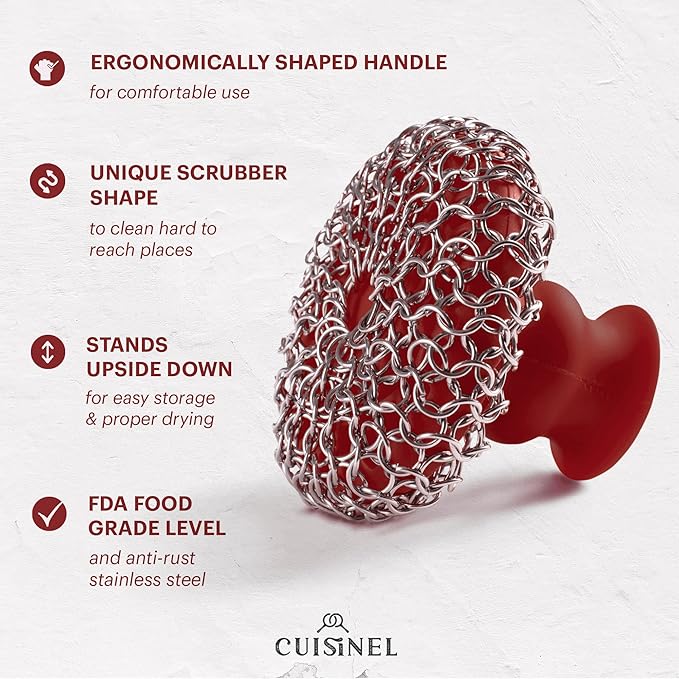 Cuisinel Cast Iron Chainmail Scrubber + Pan Scraper - Deluxe Ergonomic Stainless/Silicone Pot and Skillet Cleaner - Food-Safe Design - Easy to Clean Dishwasher Safe Cookware - Kitchen Sponge Accessory