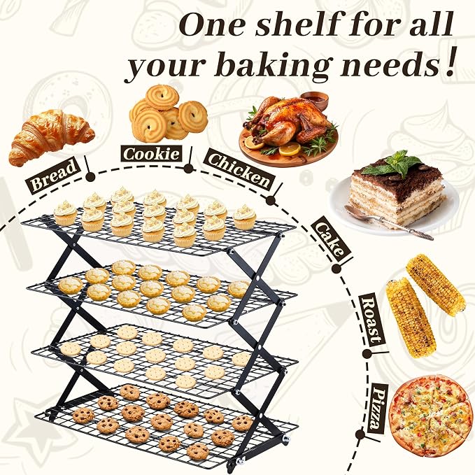 Pleafind 2/3/4-Tier Collapsible Cooling Rack - 3 Setting Design, Adjustable ＆ Stackable Baking Rack, 5 Modes Cooling Racks for Cooking and Baking, Roasting ＆ Grilling Gifts for Picnic Party