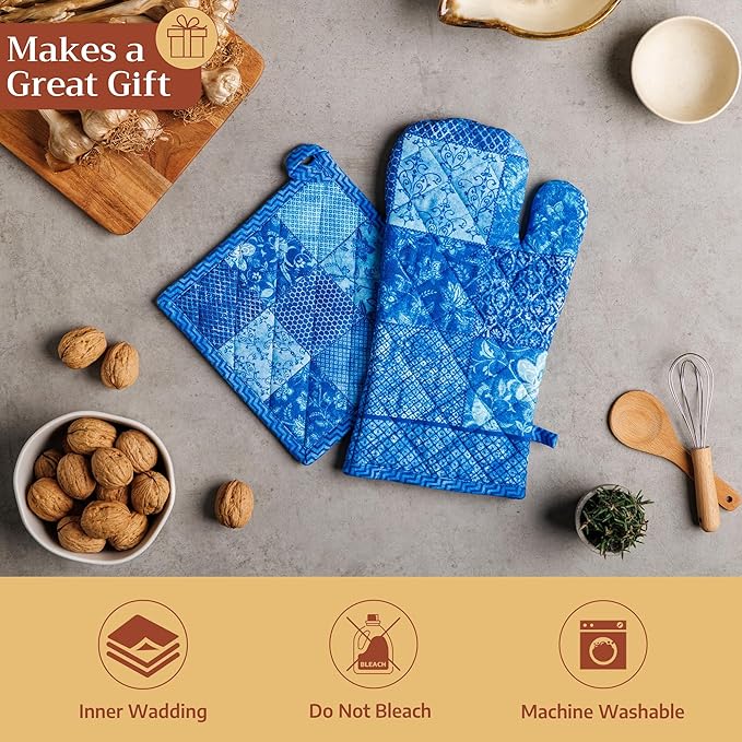 Maison d'Hermine Oven Gloves 100% Cotton Oven Mitt 7" x 13" with Loop Heat Resistant BBQ Cooking Gloves Baking Grilling Gifts for Mothers Day Spring/Summer (Pack of 1, Indigo Love)