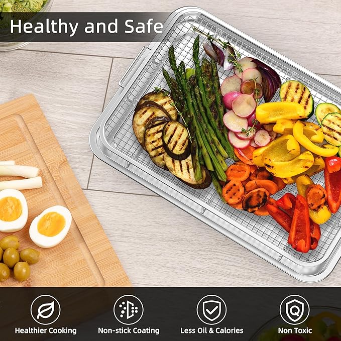 18.6“ x 12.8“ Air Fryer Basket for Oven,YEPATER Extra Large Size Stainless Steel Air Fryer Pan and Crisper Tray with 30 PCS Parchment Paper for Baking Grilling Cooking and Frying