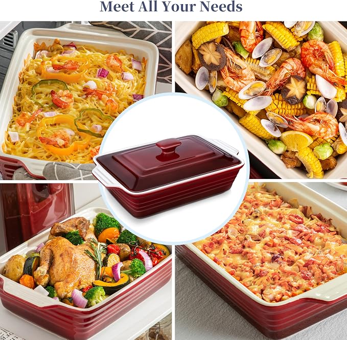 LOVECASA 4.5 Quart Ceramic Casserole Dish with Lid – Oven, Microwave & Dishwasher Safe Bakeware for Family Meals, Lasagna, Roasting, Rectangular Stoneware 9x13 Baking Pan, Gradient Red