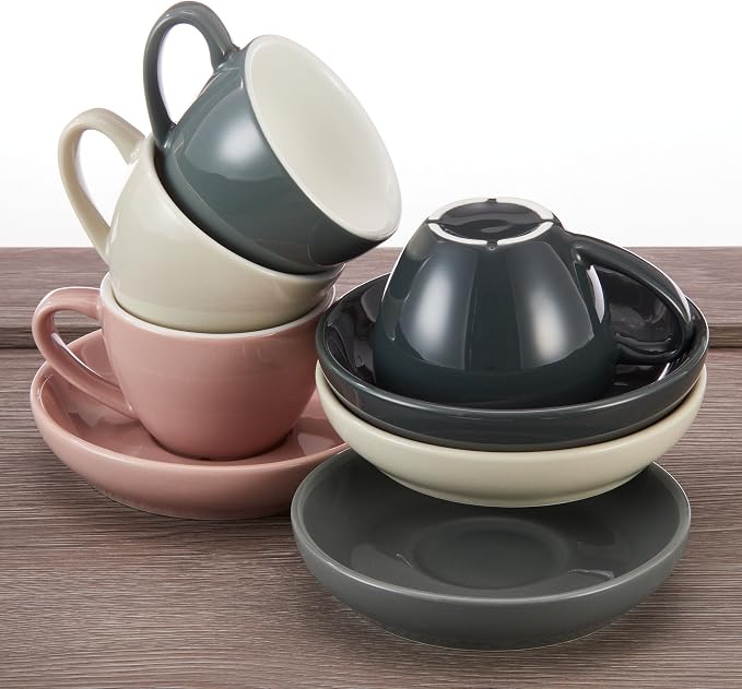 Espresso Cups and Saucers by Easy Living Goods - 3-Ounce Demitasse for Coffee, Set of 4, Assorted Colors (Modern)