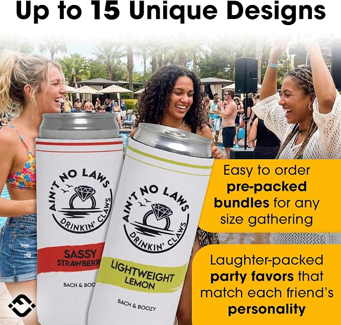 Funky Junque Bachelorette Party Favors Slim Can Cooler, Funny Bridesmaid & Bride Gifts for Girls Trip, Bridal Shower Decorations & Accessories, 12 oz Skinny Can Covers - Ain't No Laws - 7 Pack