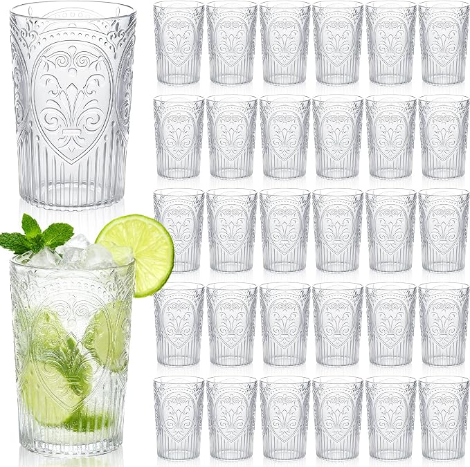 48 Pcs 16 oz Plastic Vintage Drinking Glasses Stemless Ribbed Highball Glasses Bulk Embossed Reusable Cup for Water Beer Cocktails Juice Wedding Bridal Shower Birthday Event Party (Clear)