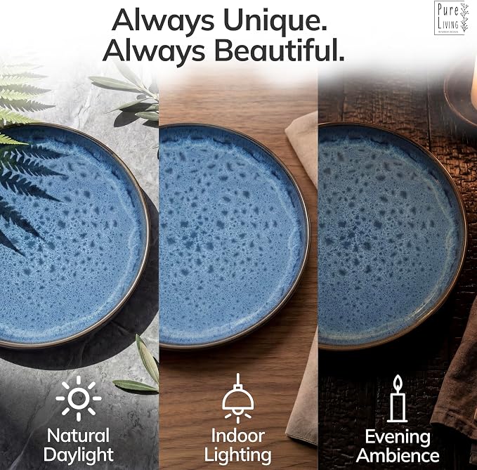 24 Piece Stoneware Dinnerware Set for 8 - Handmade Reactive Glaze Plates and Bowls Set - Chip & Scratch Resistant Dish Set - Dishwasher Microwave Safe - Deep Blue