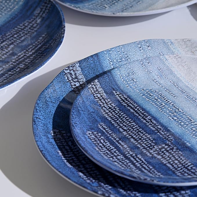 12PCS Melamine Dishes Set Blue, Nautical Plates and Bowls Sets for 4,Lightweight,Durable and Stackable for Camping, RV, Picnic and Outdoor Dining