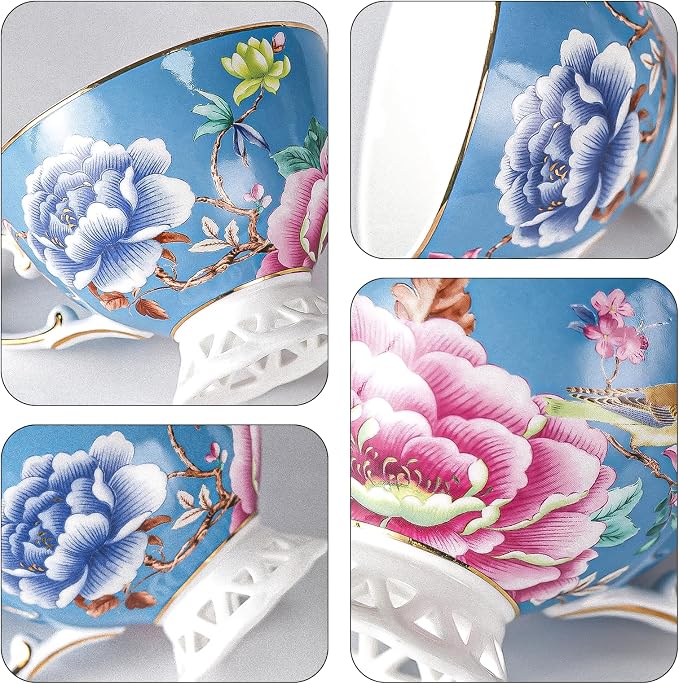 KAMMAK Tea Cups and Saucers Set of 2, Fine Bone China Coffee Cups, Stackable Espresso Mugs, Ceramic Demitasse for Coffee, Cappuccino, Latte, Americano, Tea, Blooming Flowers (Blue + Pink)