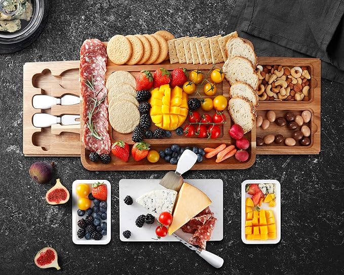hecef Cheese Board Set Acacia Wood - Large Charcuterie Board with Stainless Steel Knife Set, Thick Wooden Server - Fancy House Warming, Birthday Choice for Gourmets, Feast, Cheese Serving