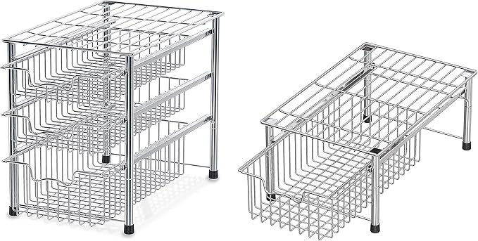 Simple Houseware Stackable 3 Tier Sliding Basket + Single Tier Basket, Chrome