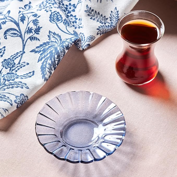 KARACA Luna 12-Piece Turkish Tea Cups for 6 People, 4.4 fl oz (130 ml) Turkish Tea Glasses Set with Elegant Light Blue Glass Saucers, Traditional Tulip Teacups, Hand Wash Recommended