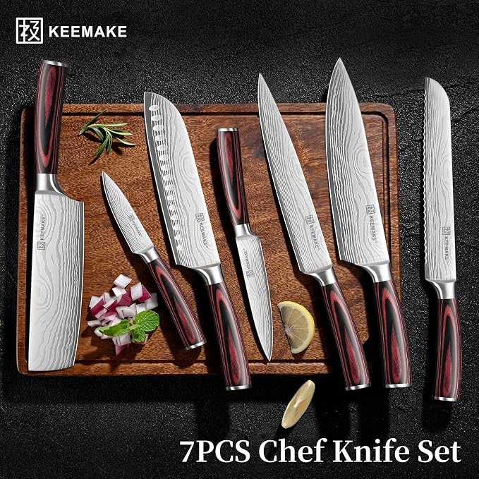 KEEMAKE Kitchen Knife Set, Ultra Sharp Chef Knife Set 7-Piece, High Carbon Stainless Steel Chefs Knife Set, Professional Knives Set for Kitchen with Pakkawood Handle and Gift Box