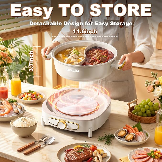 Dezin Hot Pot Electric with Divider, 6L Double-Flavor Shabu Shabu Pot, Dual Sided Removable Non-Stick Hotpot Pot Electric, 3" Depth Chinese Hot Pot with Multi-Power Control, Silicone Ladles Included