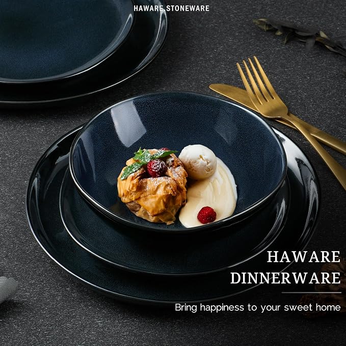 HaWare Plates and Bowls Set, Stoneware Dinnerware Sets, 18-Piece Hand-painted Dishware for 6, Ceramic Dinner Set for Home Kitchen, Microwave and Dishwasher Safe, Reactive Starry Blue