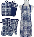 Alselo Oven Mitts and Pot Holders with Cooking Apron,Set of 5 Heat Resistant Kitchen Gloves and Silicone Non-Slip Potholders Adjustable Neck Buckle Chef Apron, Cotton Nice Design for Cooking (Navy)