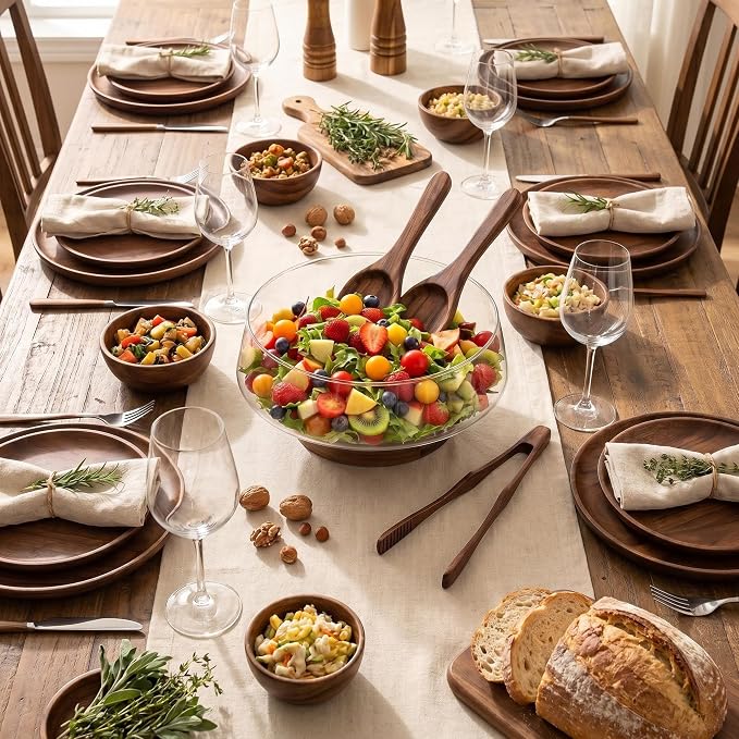 Buybai Extra Large Glass Salad Bowl Set - Party Salad Bowls with Acacia Wood Base and Serving Utensils - Kitchen Must-Have For Fruits Salad Dessert Bread Afternoon Tea Camping (Extra Large)