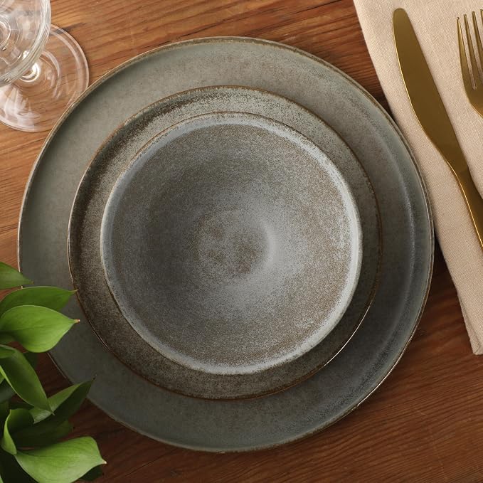 Gibson Elite Coastal Forest Plates and Bowls Sets, 12-Piece Stoneware Dinnerware Sets, Triple Reactive Glaze Dish Set - Slate Grey