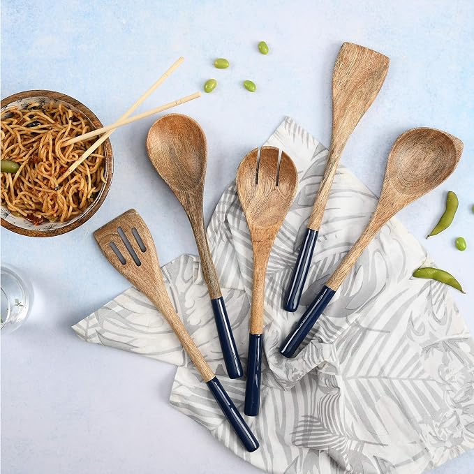 Folkulture Pot Holders for Kitchen | Pack of 2 (8x8) Ribbed Soft Silicone Hot Pads for Kitchen | Oven Pot Holders Set |Wooden Spoons for Cooking | 12" Premium Acacia Wooden Utensil Set of 5