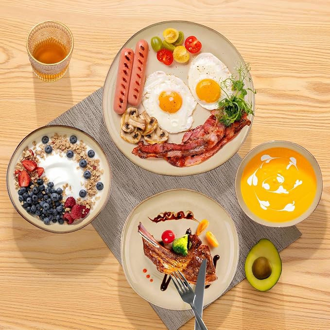 Herogo Dinnerware Sets for 6, 24pcs Stoneware Dinner Dish Set, Irregular Handmade Plates and Bowls Dishware, Crack and Scratch Resistant, Microwave & Dishwasher Safe, Cream Khaki