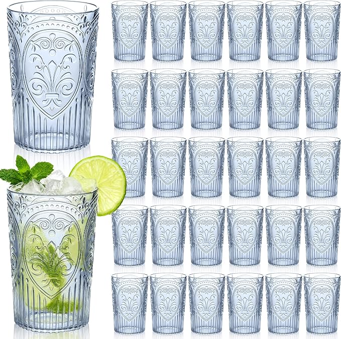 48 Pcs 16 oz Plastic Vintage Drinking Glasses Stemless Ribbed Highball Glasses Bulk Embossed Reusable Cup for Water Beer Cocktails Juice Wedding Bridal Shower Birthday Event Party (Blue)