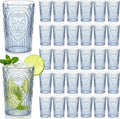 48 Pcs 16 oz Plastic Vintage Drinking Glasses Stemless Ribbed Highball Glasses Bulk Embossed Reusable Cup for Water Beer Cocktails Juice Wedding Bridal Shower Birthday Event Party (Blue)