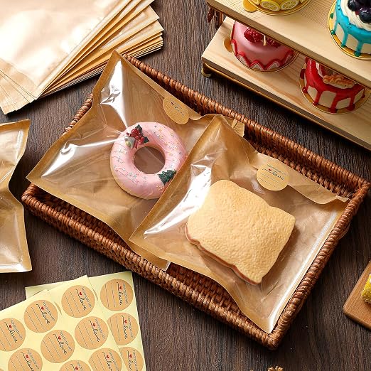 Outus 100 Pcs Cookie Packaging Bags with Seal, 7.1 x 7.5 Inch Bakery Pastry Bags with Window, Heat Sealable Grease Resistant Paper to Go Bake Sleeves for Gift Giving Donut Bread Sandwich (Brown)