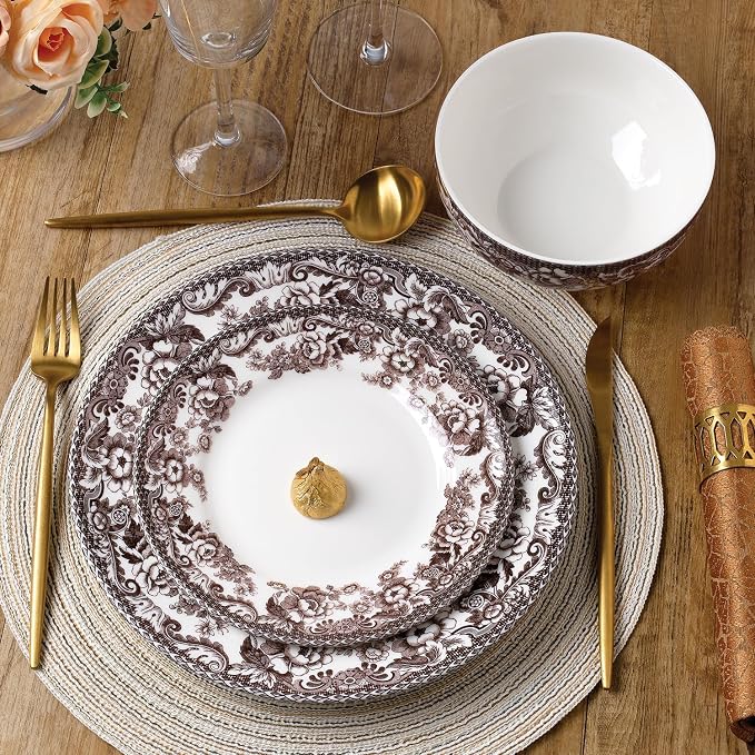 Montana 12-Piece Chip-Resistant Porcelain Dinnerware Set – Service for 4 | Reinforced Scratch-Shield Glaze | Large 25oz Deep Bowls | Elegant Brown Floral Border | Dishwasher, Microwave, & Oven Safe