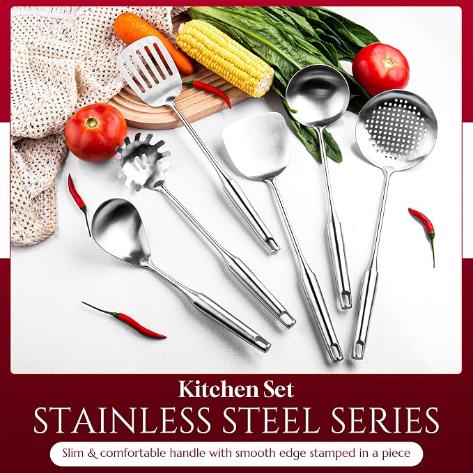 6 Pc Stainless Steel Cooking Utensils Set with Ergonomic Handles – Heat Resistant Kitchen Tools Includes Slotted Spatula, Skimmer Ladle, Spatula, Serving Spoon, Pasta Spoon Ideal for Cooking