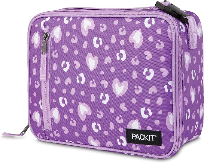 PackIt Freezable Classic Lunch Box, Leopard Hearts Purple, Built with EcoFreeze Technology, Collapsible, Reusable, Zip Closure With Front Pocket and Buckle Handle, Designed for Fresh Lunch On the Go