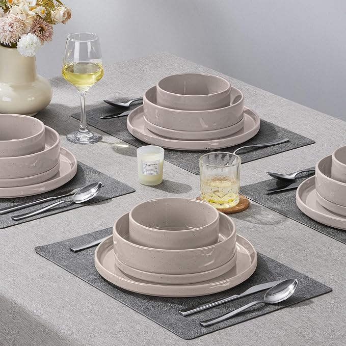Herogo 24 Piece Plates and Bowls Set, Ceramic Dinnerware Sets with Pasta Bowls, Kitchen Dinner Ware Dishes Service for 6, Chip & Scratch Resistant Dishware, Speckled Coffee Brown