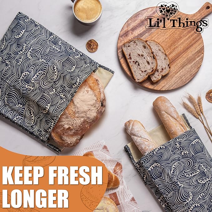 Sourdough Bread Bag – Reusable Beeswax Bread Storage Bags (2 Sizes) for Homemade & Artisan Loaves, Plastic-Free Bread Keeper – Japanese Araumi Waves (CLASSIC)- While Stocks Last
