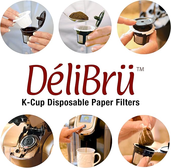 Delibru K Cup Disposable Paper Filters 100 Pack Fits With All Reusable Coffee Pods - Compostable and Disposable Coffee Filters for Keurig Single Cup