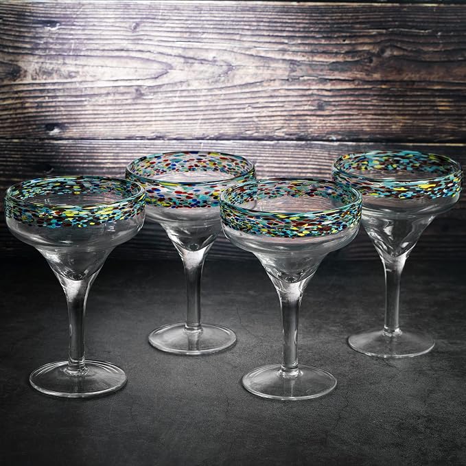 Margarita Glasses – Set of 4 - Luxury Hand Blown Confetti Margaritas, Cocktails, Water, Wine, Dessert, Martini & Champagne Cinco de Mayo, Hand Blown - Mexican Confetti Design Glass, Party, Home & Bar