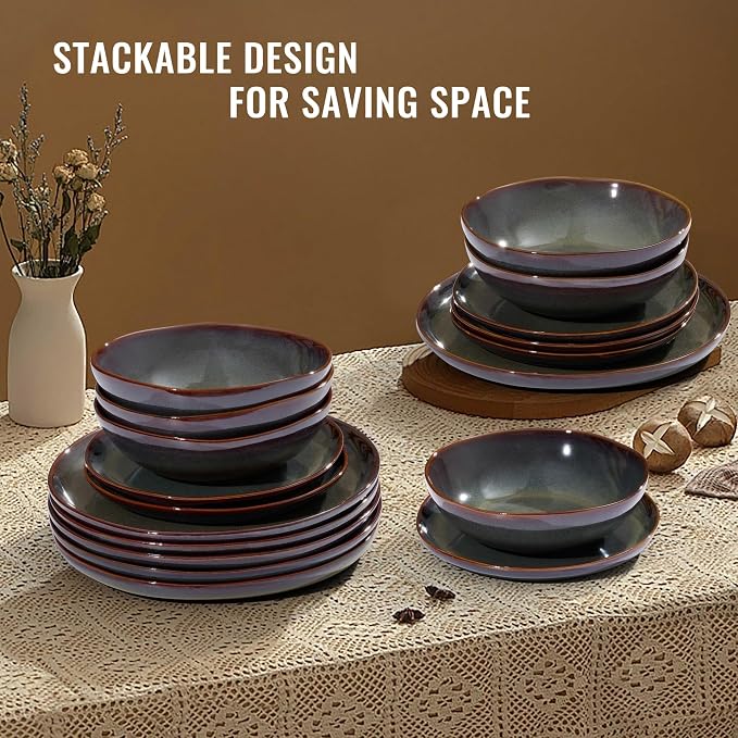 Herogo Stoneware Dinnerware Sets for 6, 24 Piece Ceramic Dinner Dishes Set, Irregular Handmade Plates and Bowls Dishware, Crack and Scratch Resistant, Reactive Glaze, Lichen Green