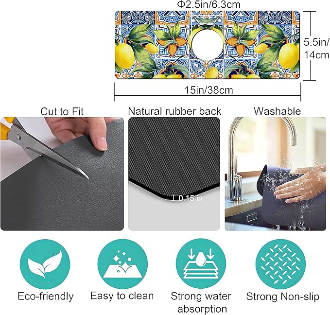 Kitchen Sink Splash Guard Faucet Mat Super Absorbent Fast Drying Mat Sink Gadgets Splash Guard Behind Faucet Drip Catcher for Kitchen (Lemon, 15x5.5in)