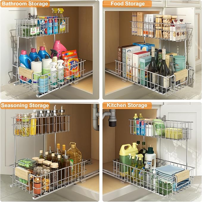ROOMTEC Pull Out Cabinet Organizer, Under Sink Slide Out Storage Shelf with 2 Tier Sliding Wire Drawer, Sliding Storage for Inside Kitchen Cabinet- 11½ in. W x 21½ in. D (Left)