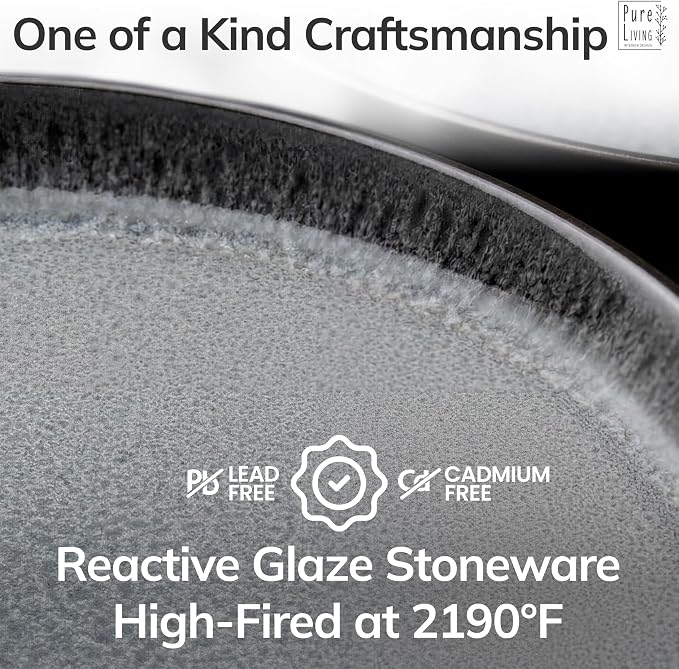 16 Piece Stoneware Dinnerware Set for 4 - Handmade Reactive Glaze Plates and Bowls Set - Chip & Scratch Resistant Dish Set - Dishwasher Microwave Safe - Dark Gray