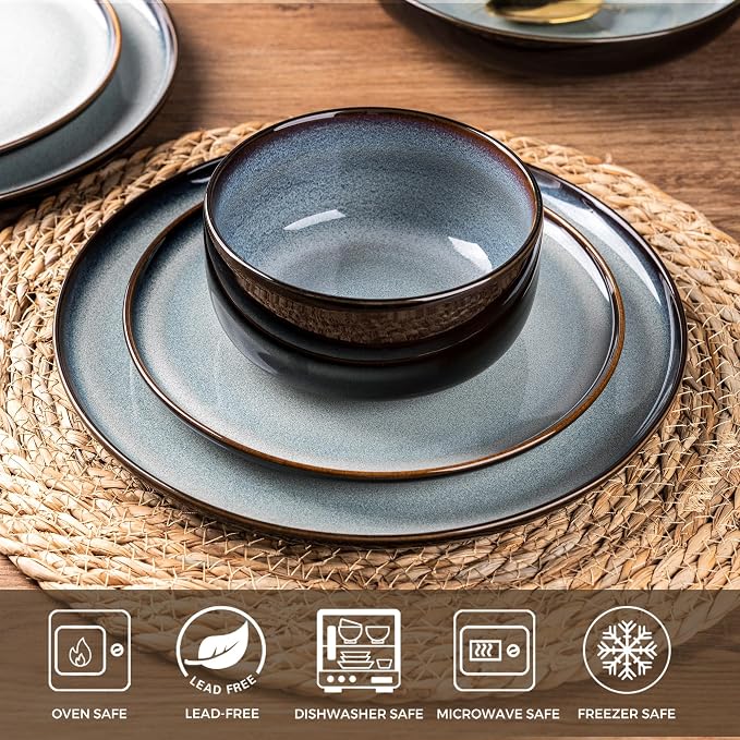 LeRatio Ceramic Dinnerware Sets for 4,Plates and Bowls Sets,Handmade Reactive Glaze Dishes Set,Chip Resistant and Scratch Resistant | Oven&Dishwasher & Microwave Safe,Service for 4-Black &Gray