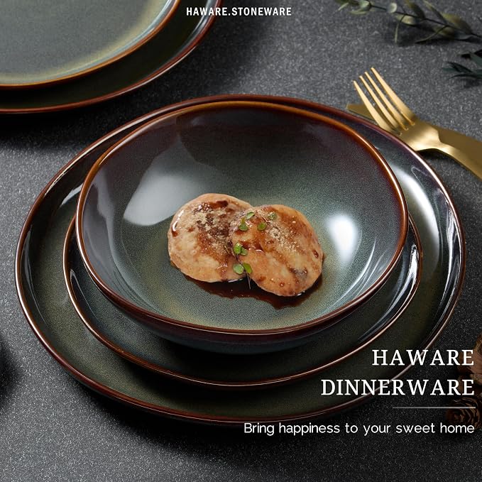 HaWare Stoneware Dinnerware Set, 12-Piece for 4, Reactive Moss Green | Stoneware, Hand-painted rim, Irregular, Scratch Resistant, Microwave &Dishwasher Safe