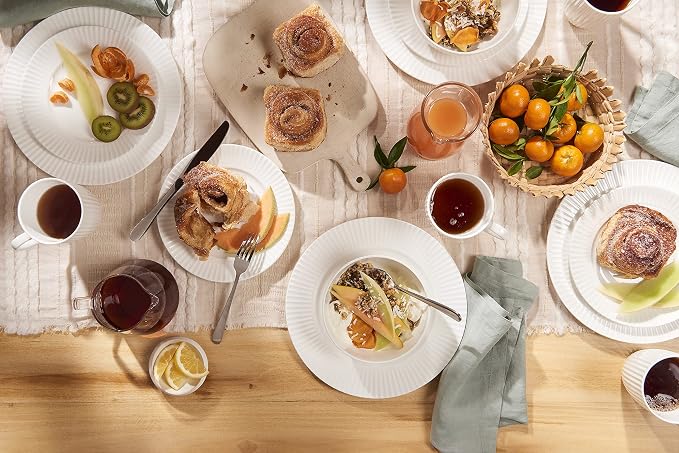 Bone China Dinnerware, 20PC Set, Service for 4, White Embossed, stripe, Microwave Safe, Translucent, Elegant giftware, Dish set, Essential Home, Kitchen Dishes, Dinner Set